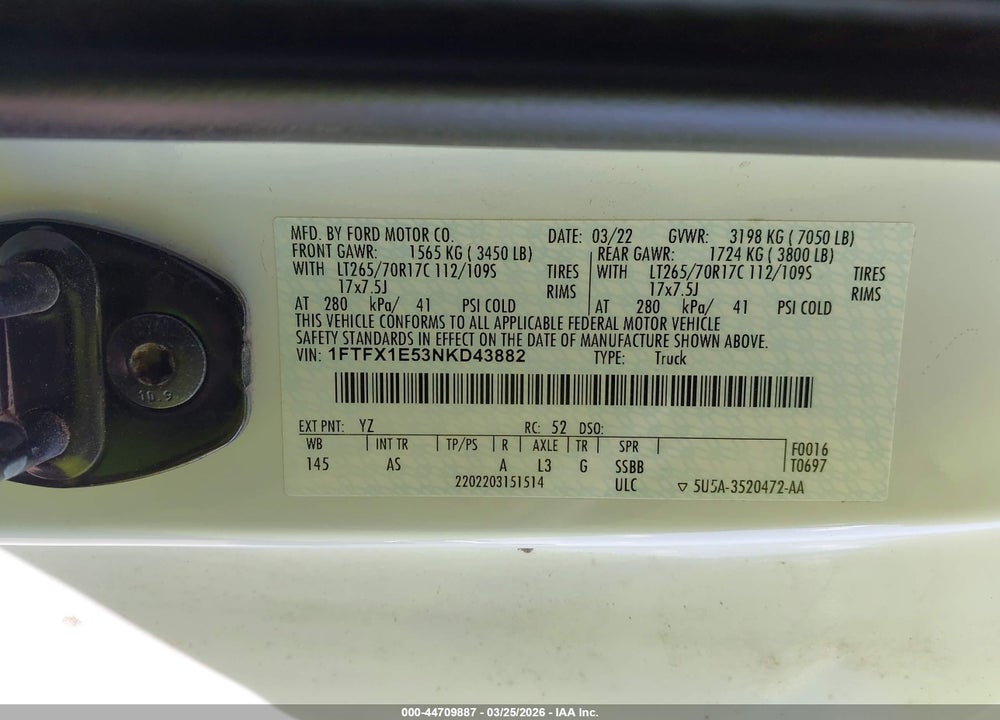 2022 FORD F-150 XL VIN: 1FTFX1E53NKD43882
