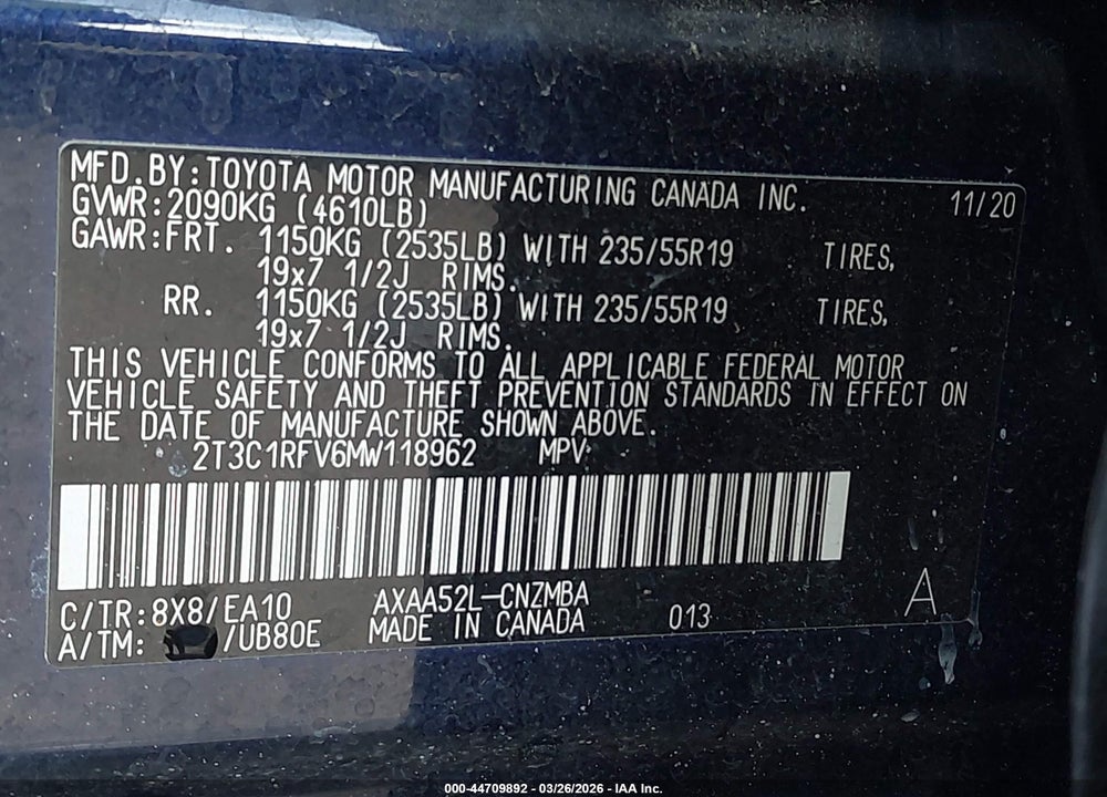 2021 TOYOTA RAV4 XLE PREMIUM VIN: 2T3C1RFV6MW118962