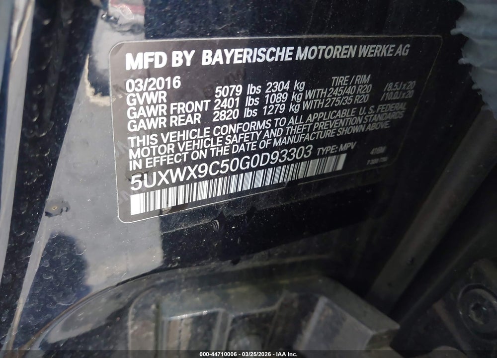 2016 BMW X3 XDRIVE28I VIN: 5UXWX9C50G0D93303