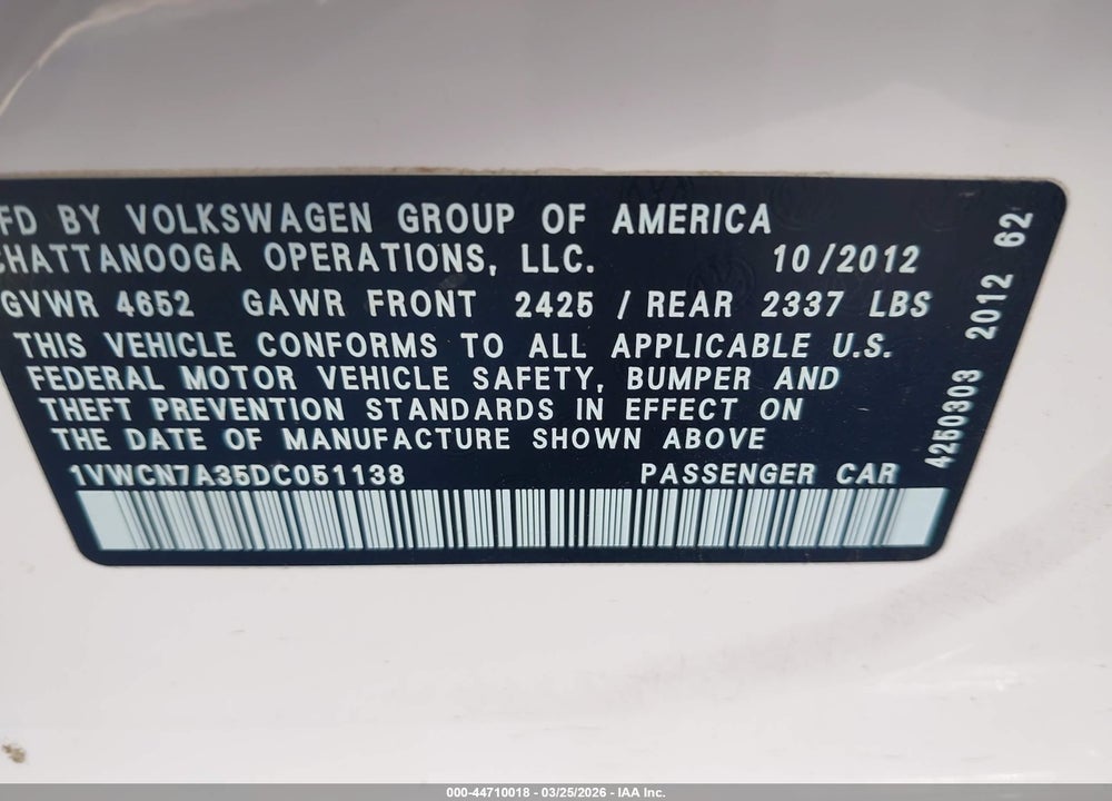 2013 VOLKSWAGEN PASSAT 2.0L TDI SEL PREMIUM VIN: 1VWCN7A35DC051138