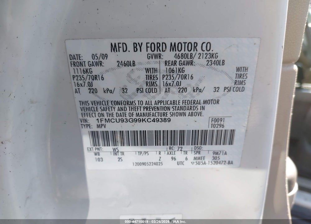 2009 FORD ESCAPE XLT VIN: 1FMCU93G99KC49389