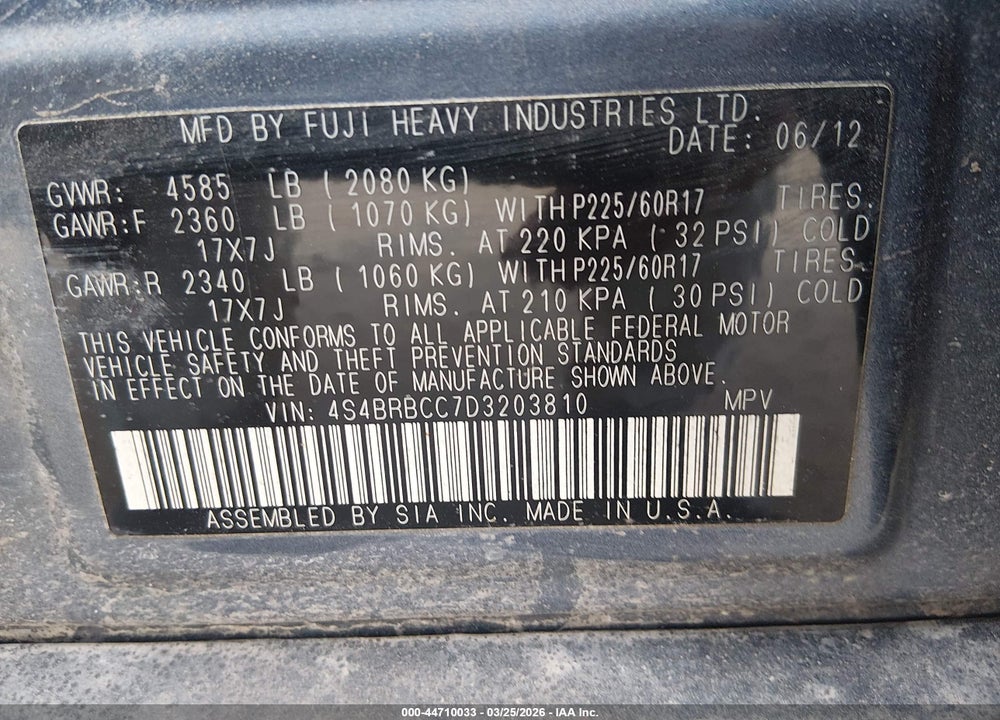 2013 SUBARU OUTBACK 2.5I PREMIUM VIN: 4S4BRBCC7D3203810