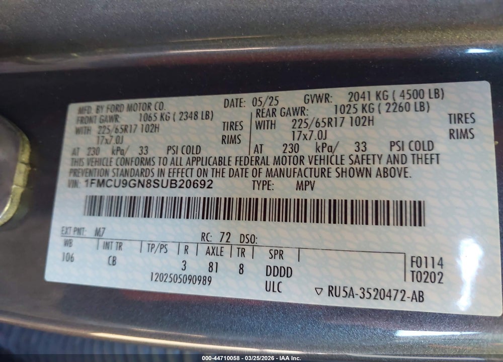2025 FORD ESCAPE ACTIVE VIN: 1FMCU9GN8SUB20692