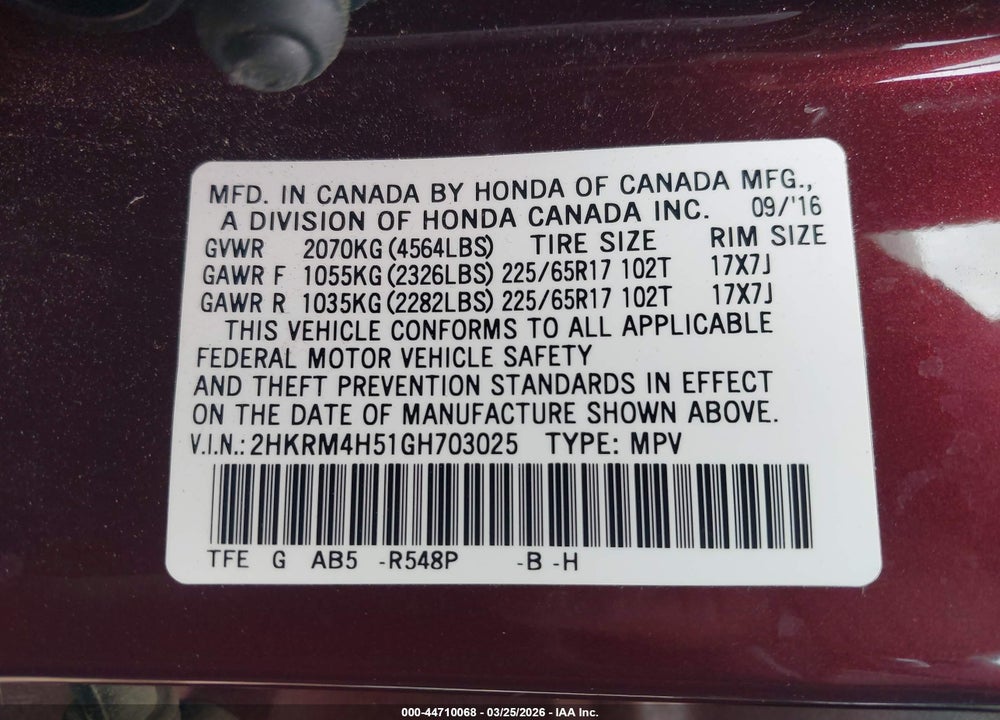 2016 HONDA CR-V EX VIN: 2HKRM4H51GH703025