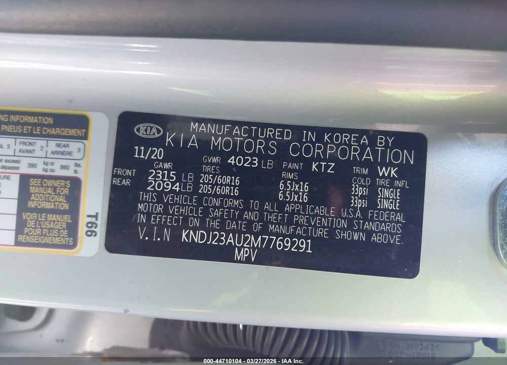 2021 KIA SOUL S VIN: KNDJ23AU2M7769291