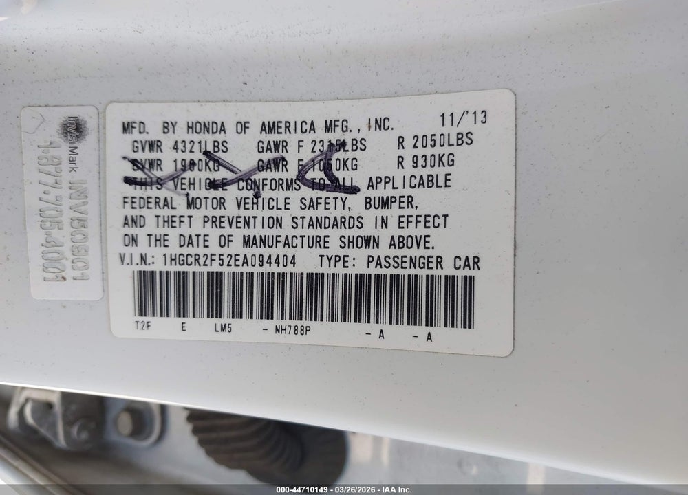 2014 HONDA ACCORD SPORT VIN: 1HGCR2F52EA094404