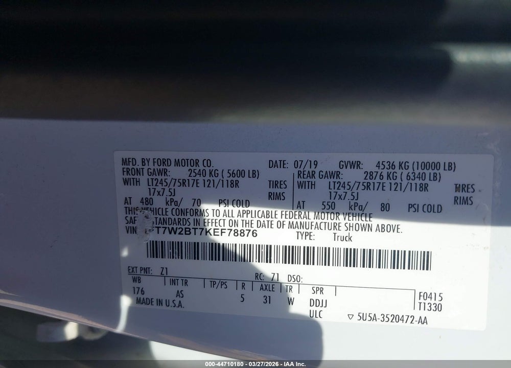 2019 FORD F-250 XL VIN: 1FT7W2BT7KEF78876