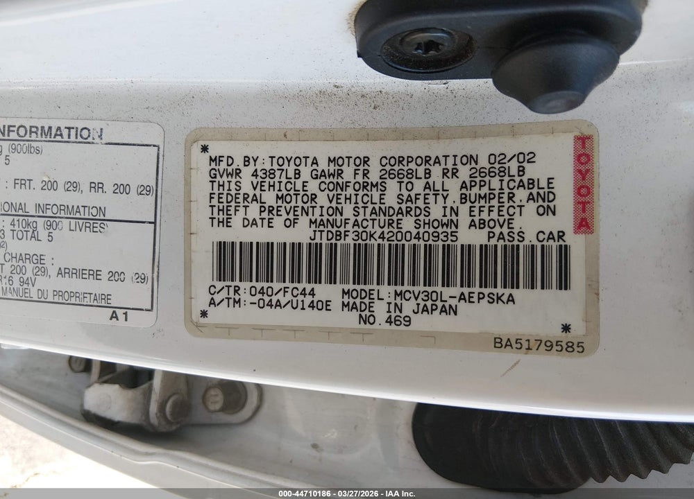 2002 TOYOTA CAMRY SE V6 VIN: JTDBF30K420040935