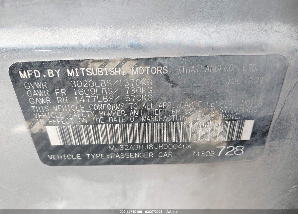 2018 MITSUBISHI MIRAGE ES VIN: ML32A3HJ8JH000404