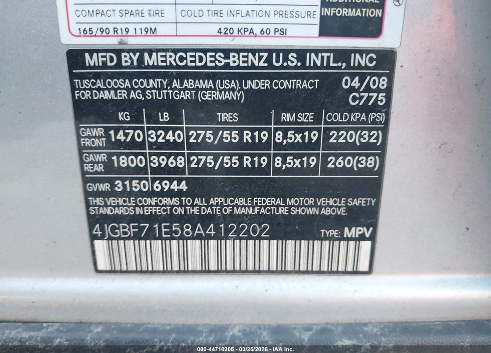 2008 MERCEDES-BENZ GL 450 4MATIC VIN: 4JGBF71E58A412202