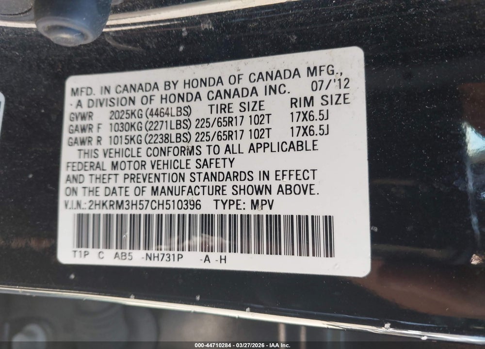 2012 HONDA CR-V EX VIN: 2HKRM3H57CH510396