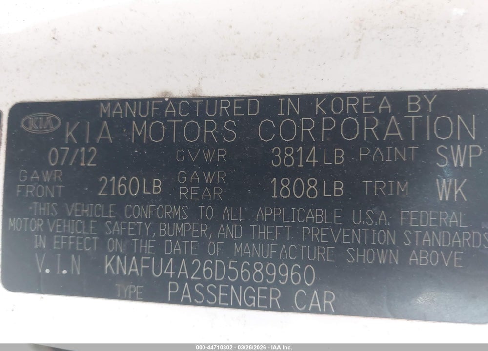 2013 KIA FORTE EX VIN: KNAFU4A26D5689960