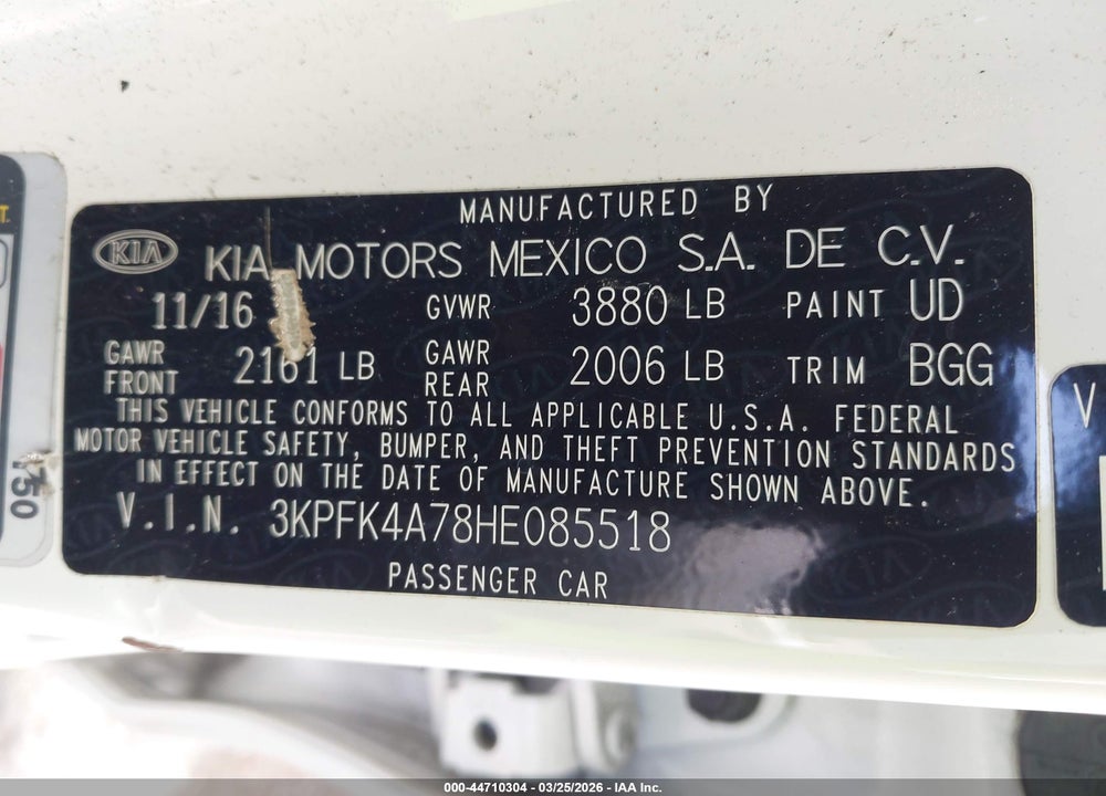 2017 KIA FORTE LX VIN: 3KPFK4A78HE085518