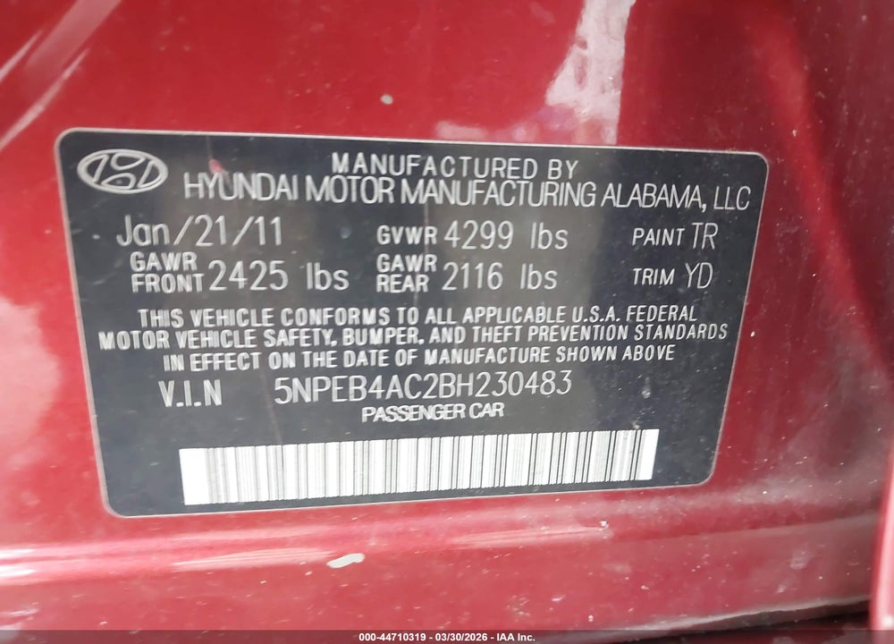 2011 HYUNDAI SONATA GLS VIN: 5NPEB4AC2BH230483