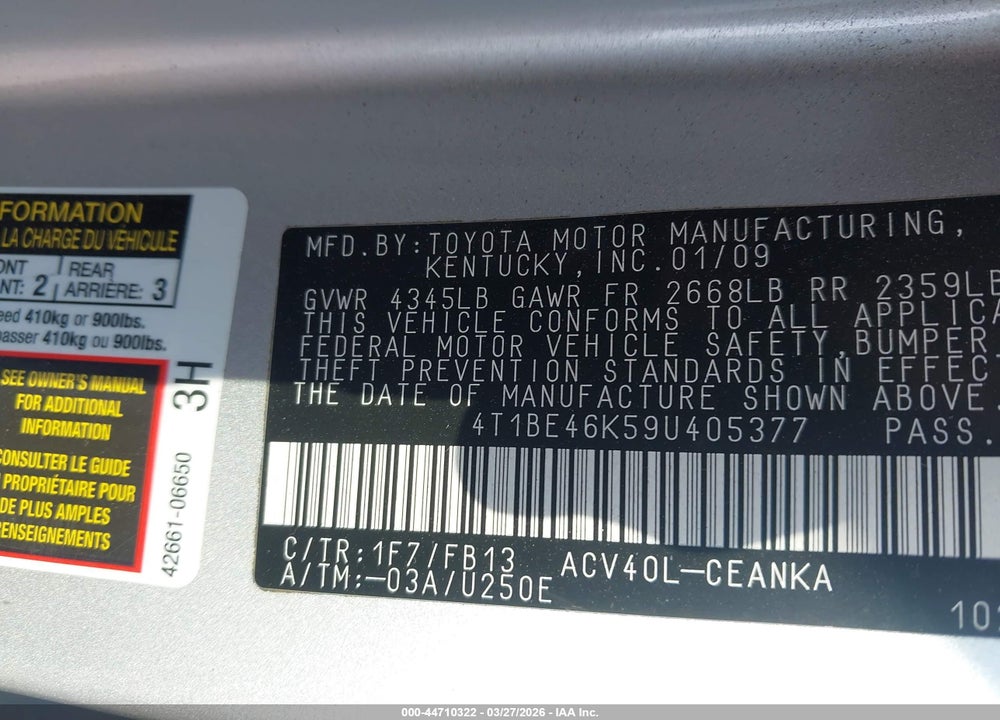 2009 TOYOTA CAMRY LE VIN: 4T1BE46K59U405377