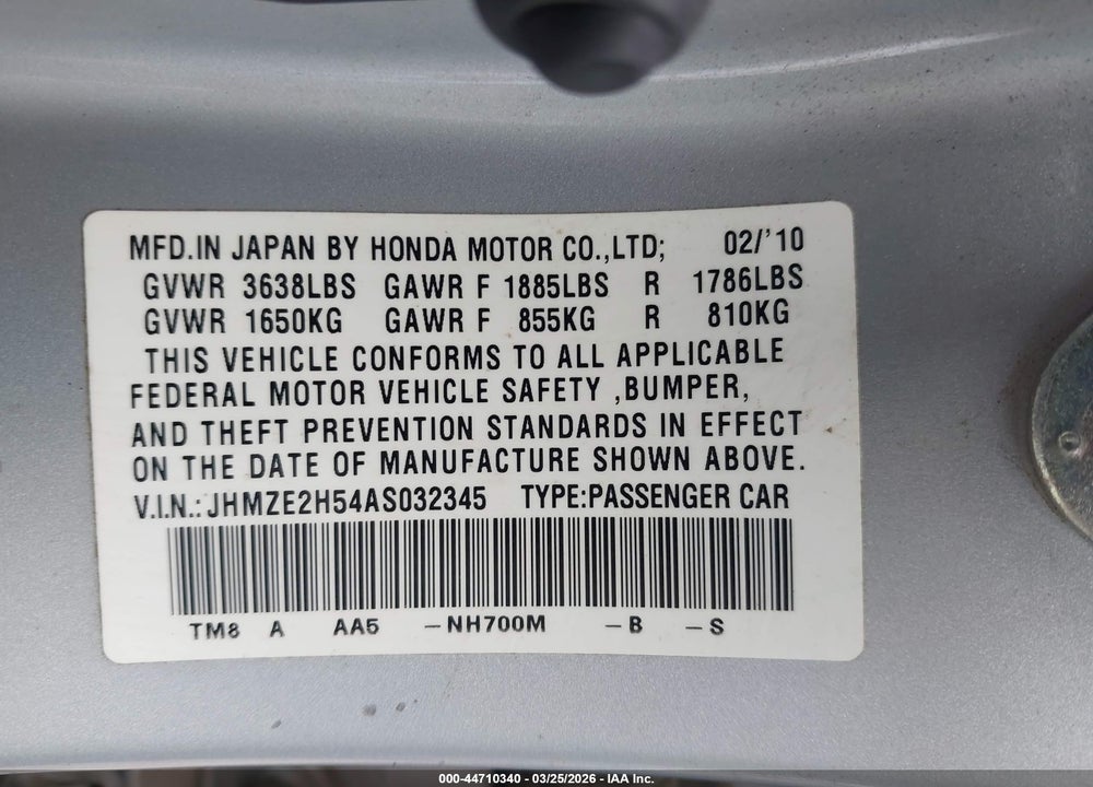 2010 HONDA INSIGHT LX VIN: JHMZE2H54AS032345