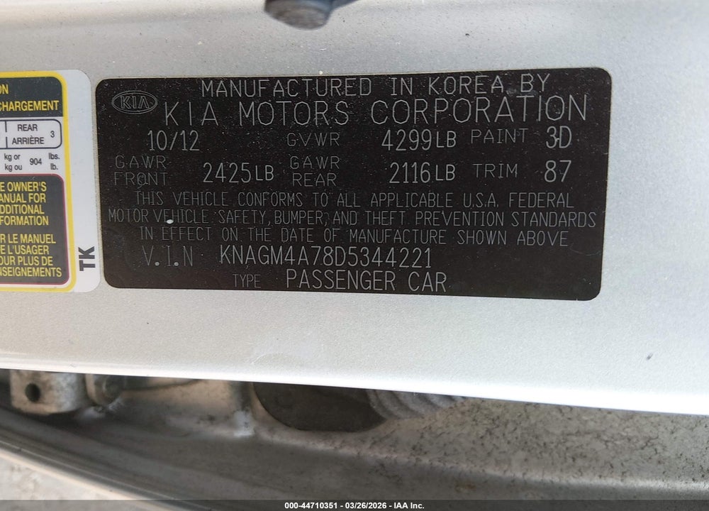 2013 KIA OPTIMA LX VIN: KNAGM4A78D5344221
