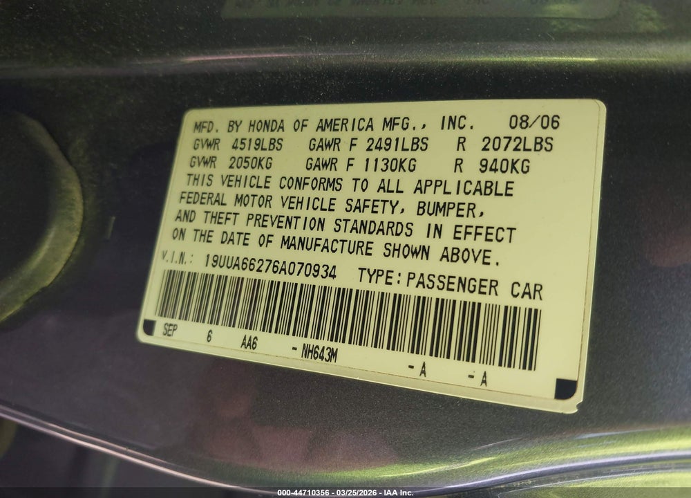 2006 ACURA TL VIN: 19UUA66276A070934