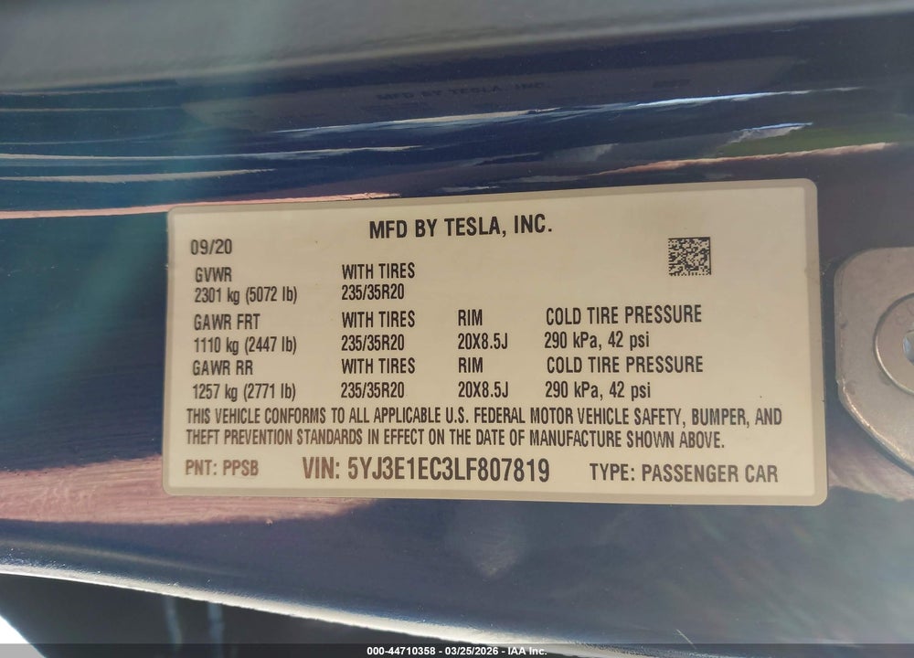 2020 TESLA MODEL 3 PERFORMANCE DUAL MOTOR ALL-WHEEL DRIVE VIN: 5YJ3E1EC3LF807819