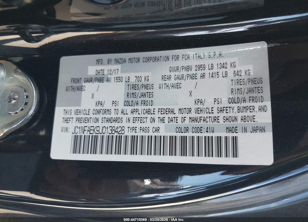 2018 FIAT 124 SPIDER CLASSICA VIN: JC1NFAEK9J0138428