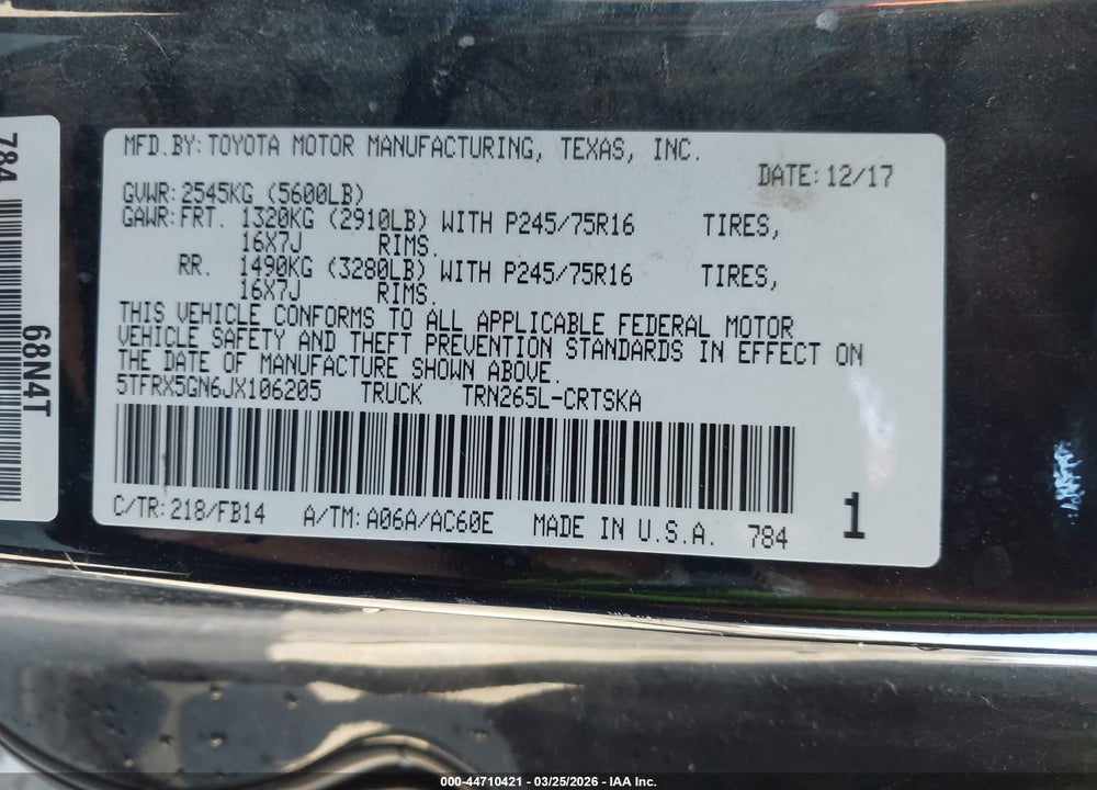 2018 TOYOTA TACOMA SR VIN: 5TFRX5GN6JX106205