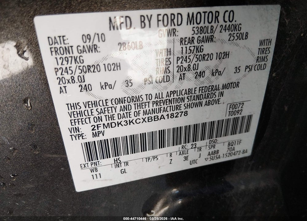 2011 FORD EDGE LIMITED VIN: 2FMDK3KCXBBA18278