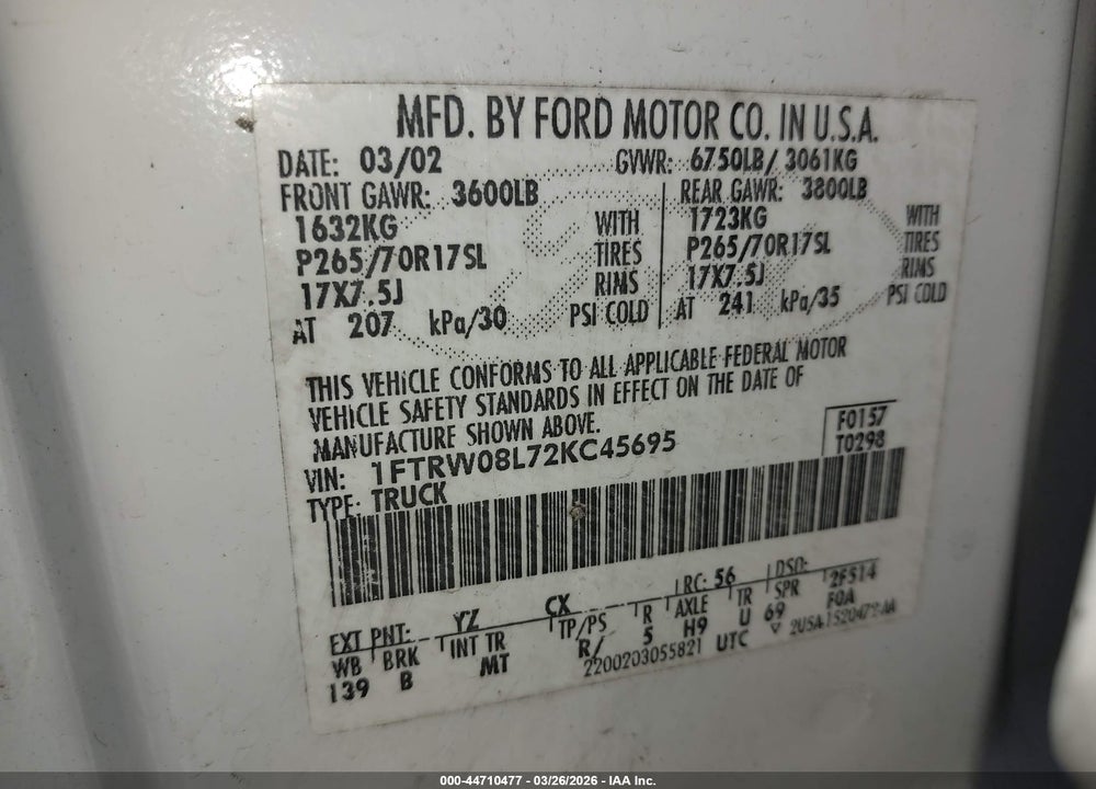 2002 FORD F-150 LARIAT/XLT VIN: 1FTRW08L72KC45695