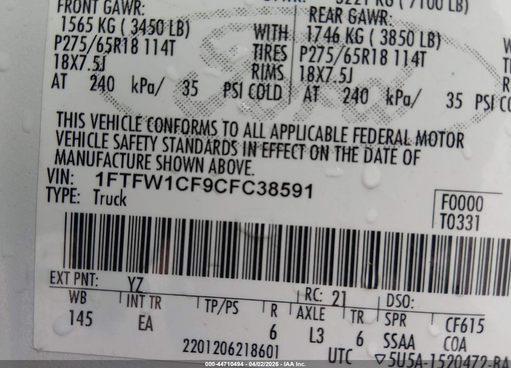 2012 FORD F-150 LARIAT VIN: 1FTFW1CF9CFC38591