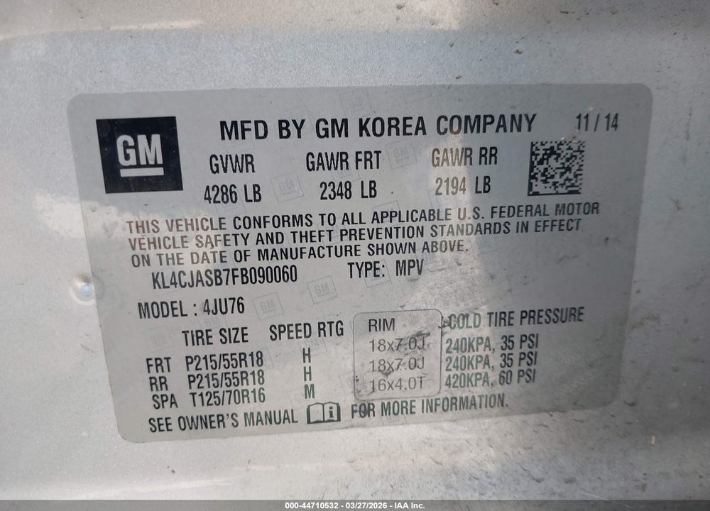 2015 BUICK ENCORE VIN: KL4CJASB7FB090060
