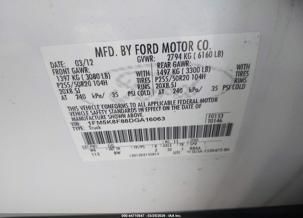 2013 FORD EXPLORER LIMITED VIN: 1FM5K8F88DGA16063