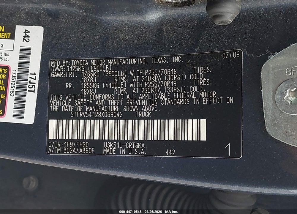 2008 TOYOTA TUNDRA SR5 5.7L V8 VIN: 5TFRV54128X069042