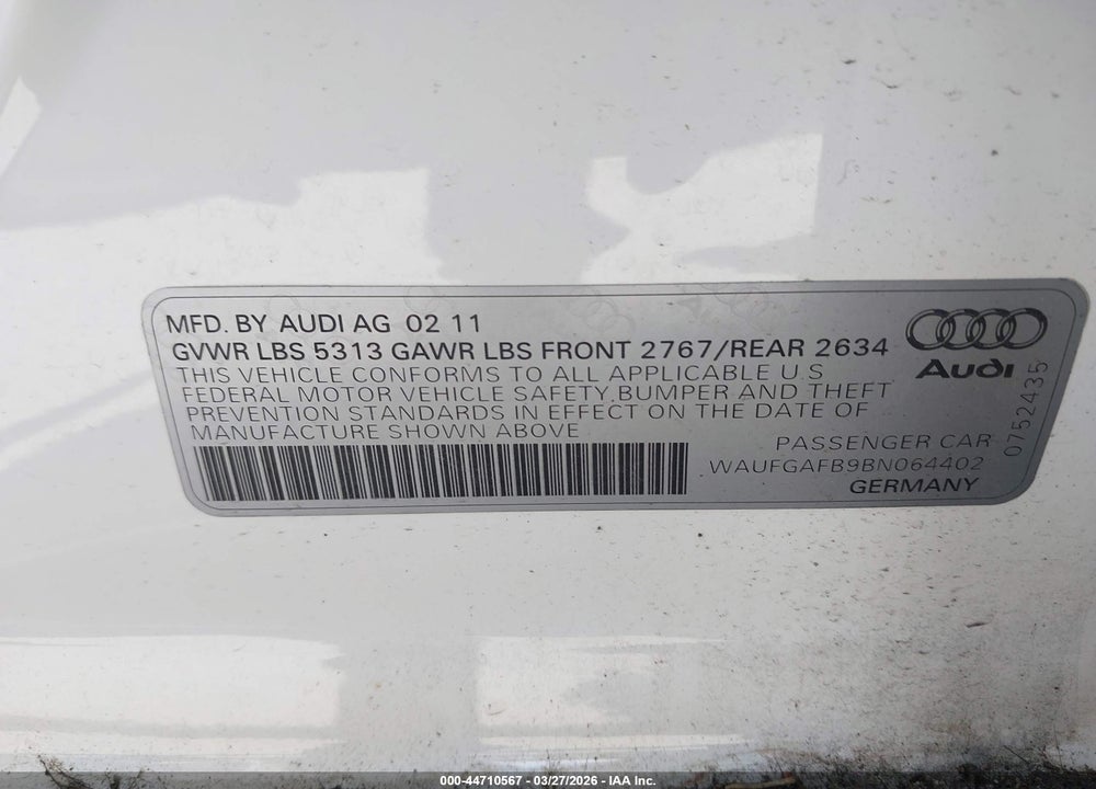 2011 AUDI A6 3.0 PREMIUM VIN: WAUFGAFB9BN064402