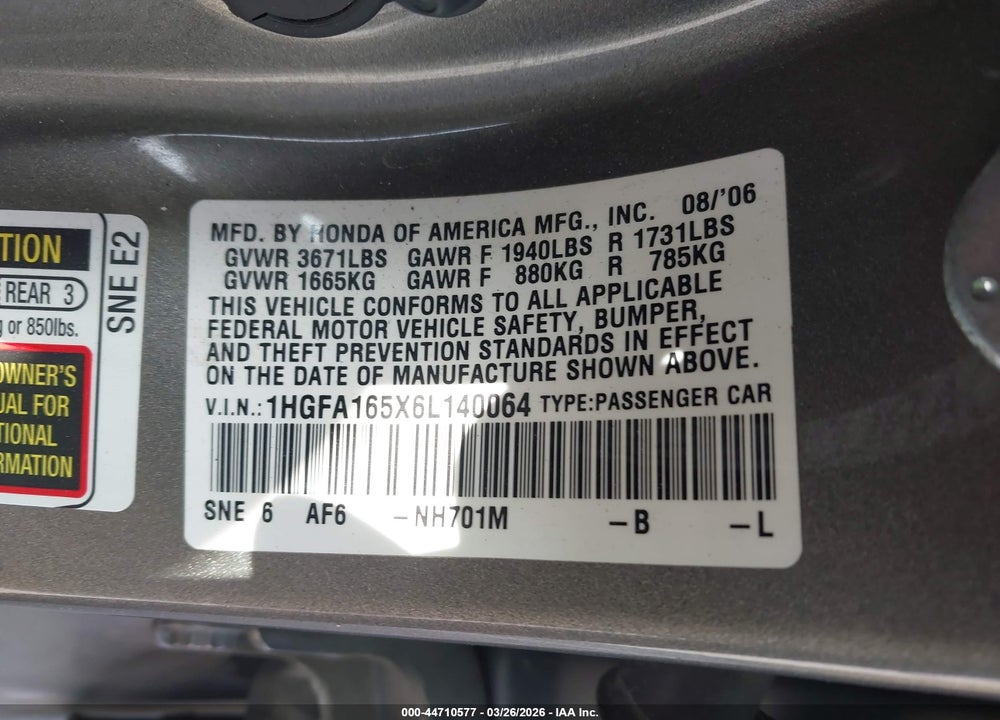 2006 HONDA CIVIC LX VIN: 1HGFA165X6L140064