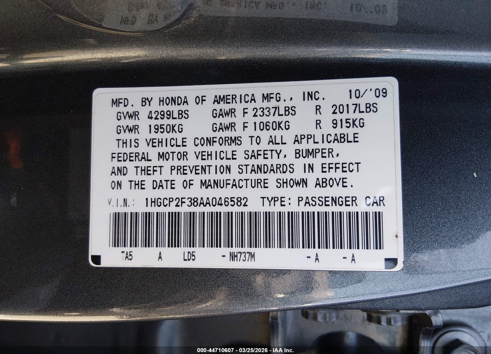 2010 HONDA ACCORD 2.4 LX VIN: 1HGCP2F38AA046582