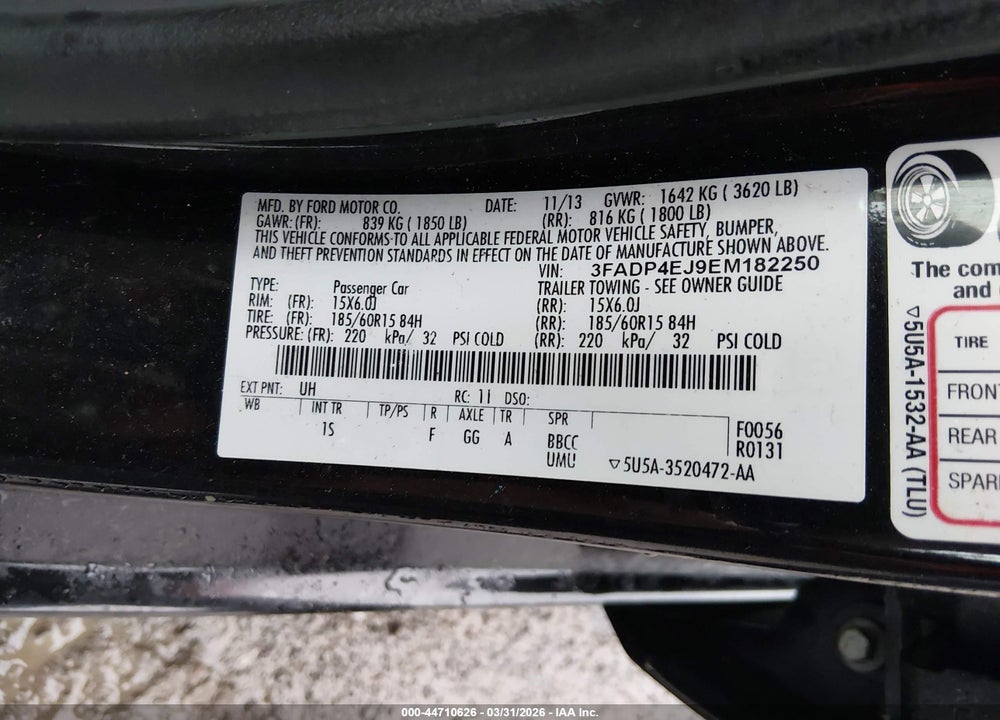 2014 FORD FIESTA SE VIN: 3FADP4EJ9EM182250