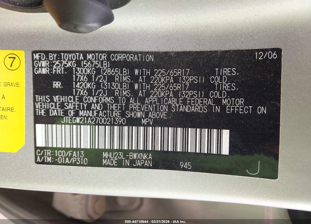 2007 TOYOTA HIGHLANDER HYBRID V6 VIN: JTEGW21A270021390