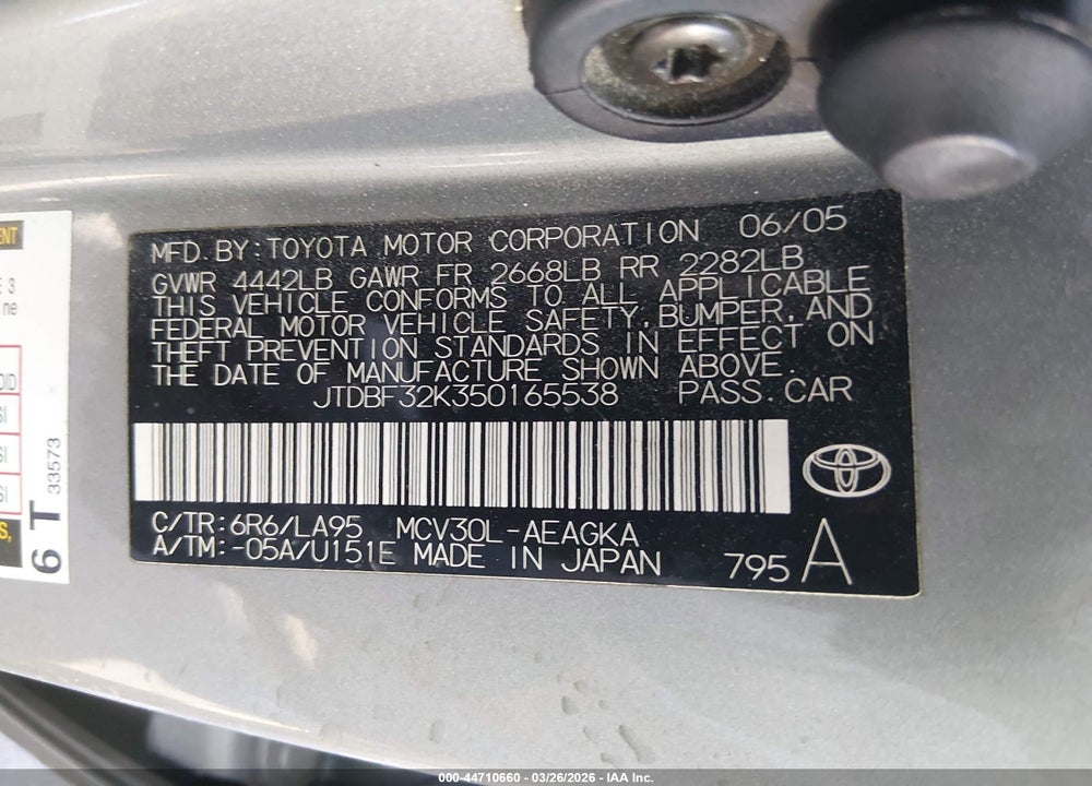 2005 TOYOTA CAMRY XLE V6 VIN: JTDBF32K350165538