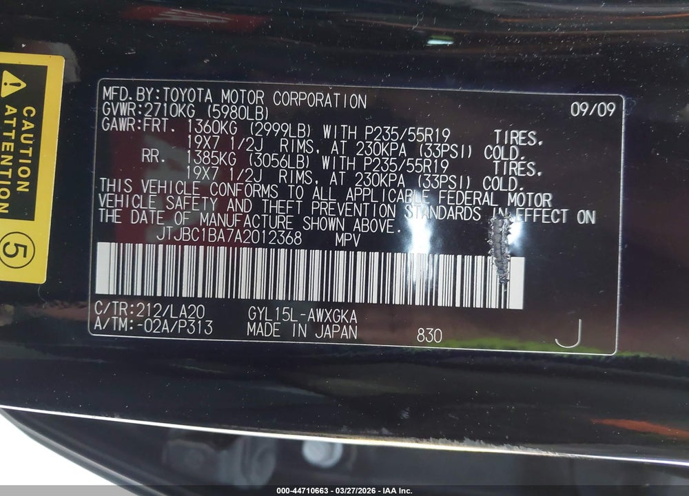 2010 LEXUS RX 450H VIN: JTJBC1BA7A2012368