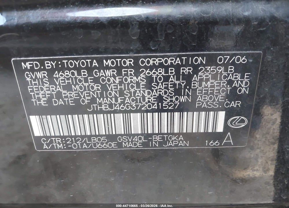 2007 LEXUS ES 350 VIN: JTHBJ46G372041527