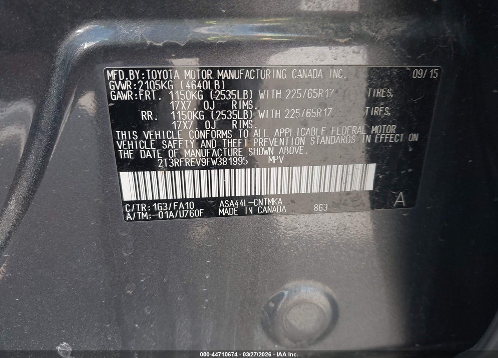 2015 TOYOTA RAV4 XLE VIN: 2T3RFREV9FW381995