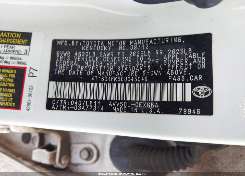 2012 TOYOTA CAMRY HYBRID XLE VIN: 4T1BD1FK5CU045049