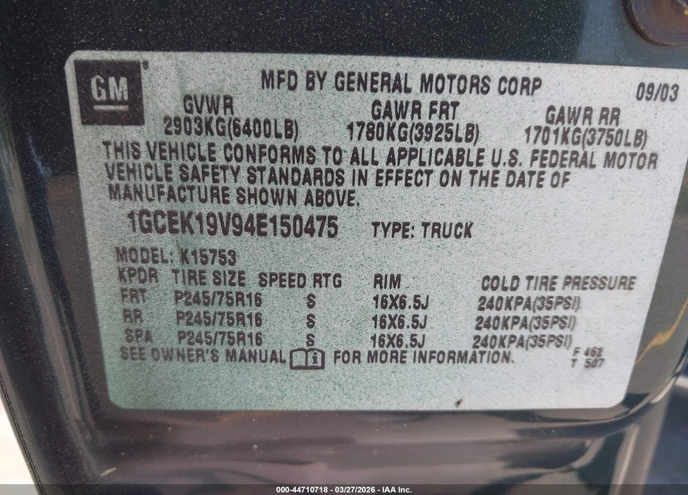 2004 CHEVROLET SILVERADO 1500 LS VIN: 1GCEK19V94E150475