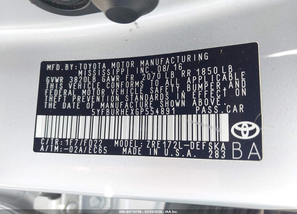 2016 TOYOTA COROLLA S PLUS VIN: 5YFBURHEXGP554891