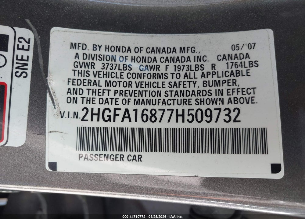 2007 HONDA CIVIC EX VIN: 2HGFA16877H509732