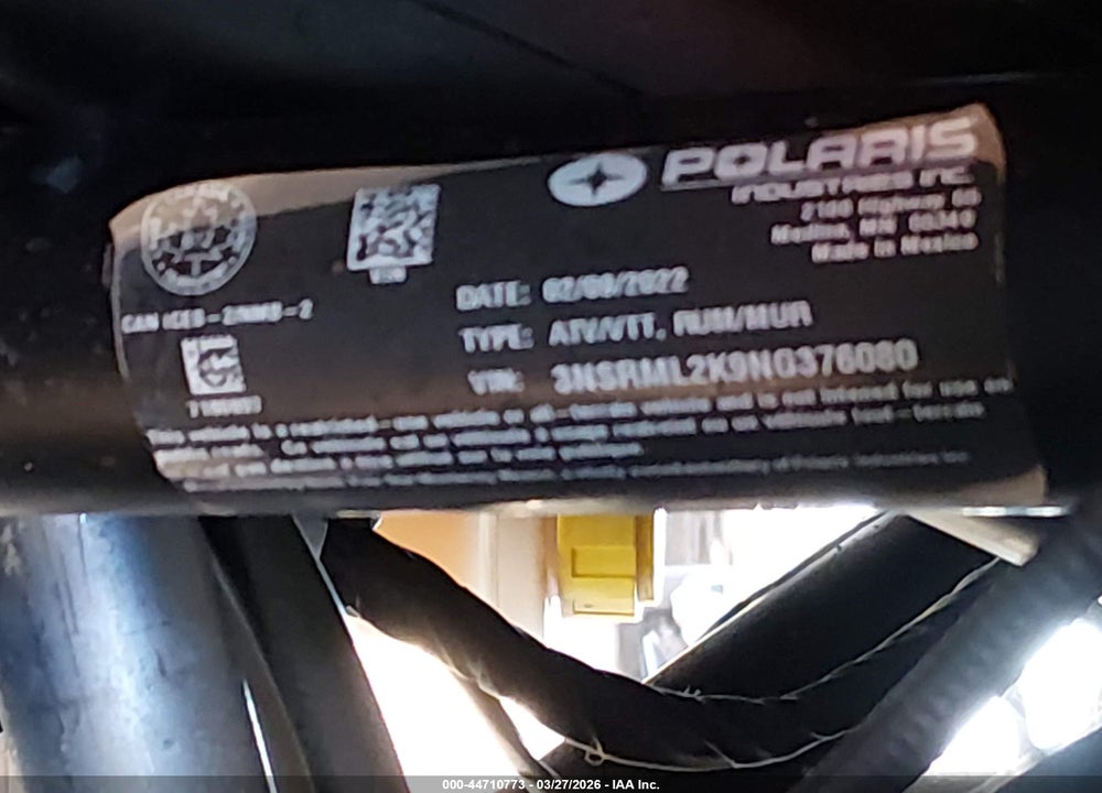 2022 POLARIS RZR VIN: 3NSRML2K9NG376080