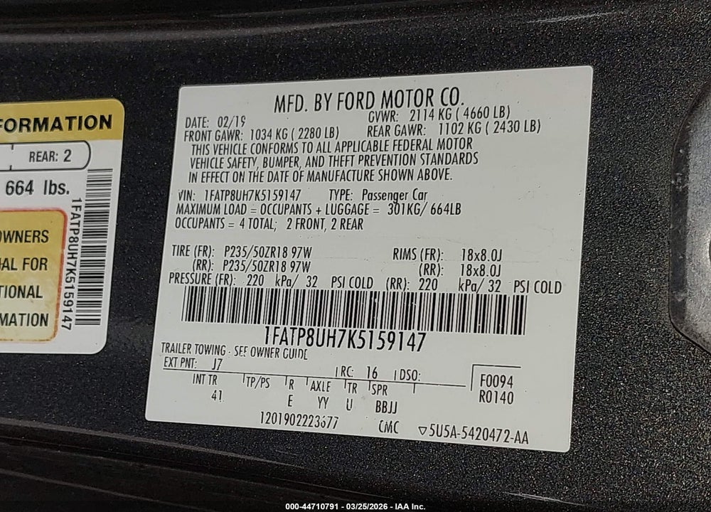 2019 FORD MUSTANG ECOBOOST PREMIUM VIN: 1FATP8UH7K5159147
