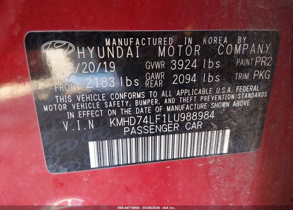 2020 HYUNDAI ELANTRA SE VIN: KMHD74LF1LU988984