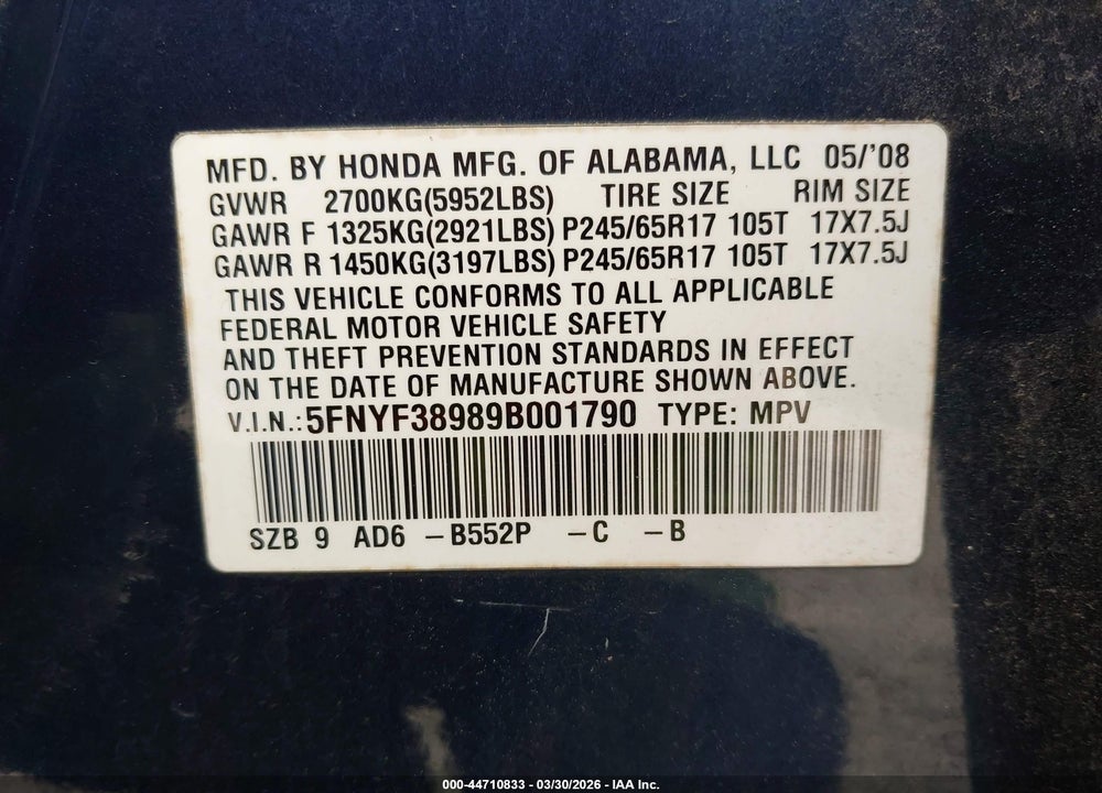 2009 HONDA PILOT TOURING VIN: 5FNYF38989B001790
