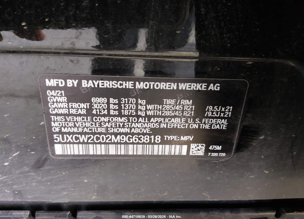 2021 BMW X7 XDRIVE40I VIN: 5UXCW2C02M9G63818
