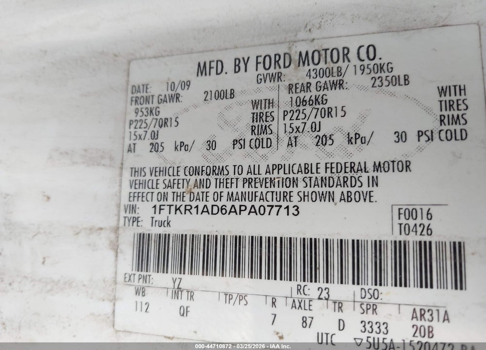 2010 FORD RANGER XL/XLT VIN: 1FTKR1AD6APA07713